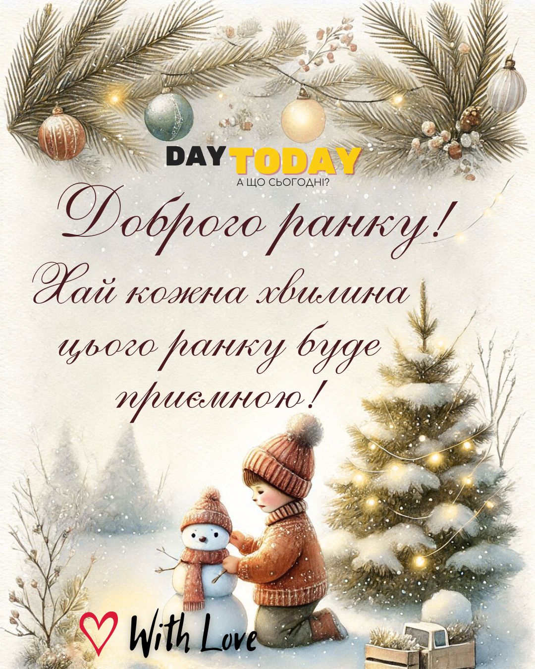 Доброго ранку! Хай кожна хвилина цього ранку буде приємною! картинка з зі сніговиком та різдвяною ялинкою, зимова листівка | Вітальна листівка - Доброго ранку - Добрий день - Теплі листівки - Зимові листівки