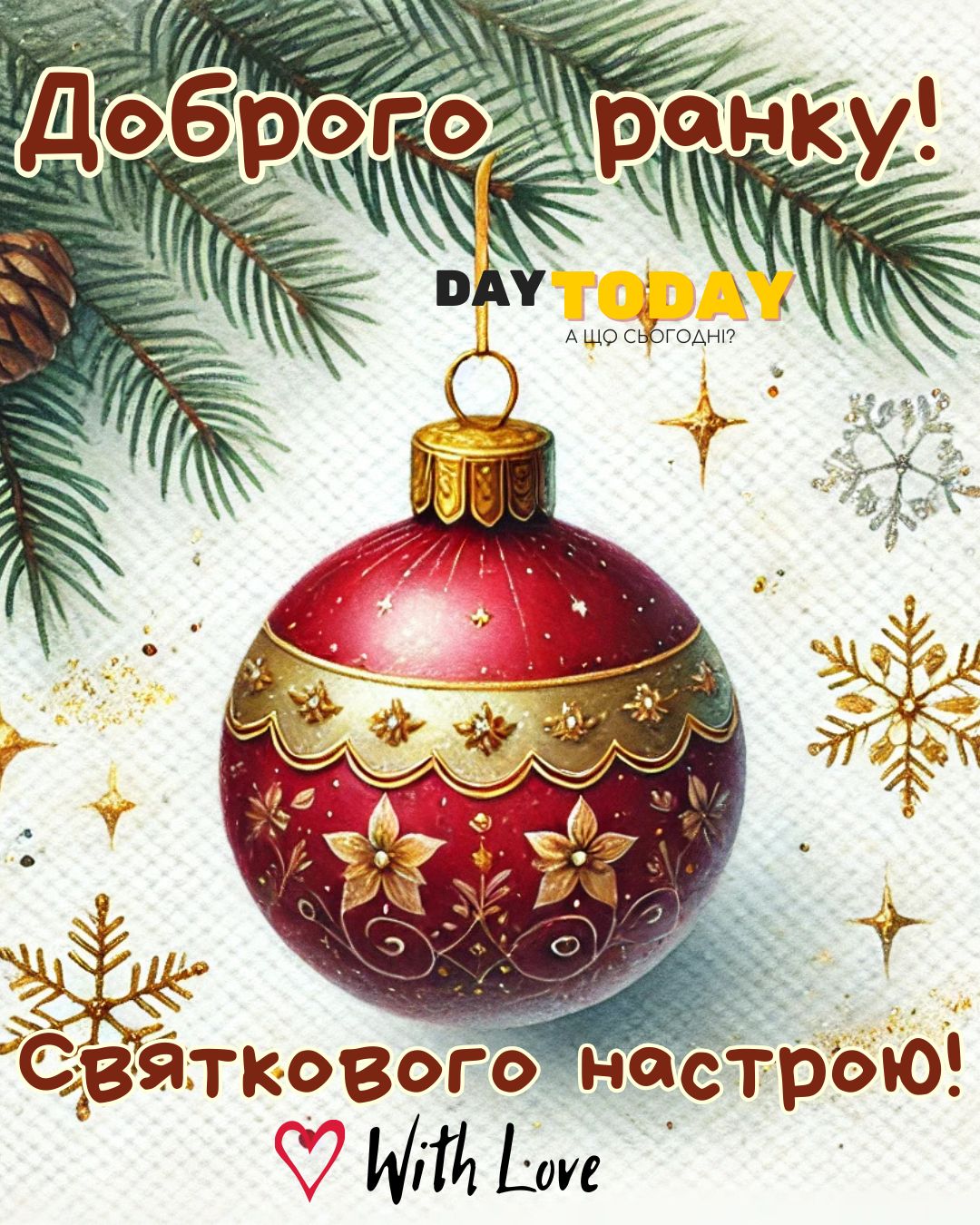 Доброго ранку! Святкового настрою! картинка з кулькою на різдвяній ялинці, зимова листівка | Вітальна листівка - Доброго ранку - Добрий день - Теплі листівки - Зимові листівки