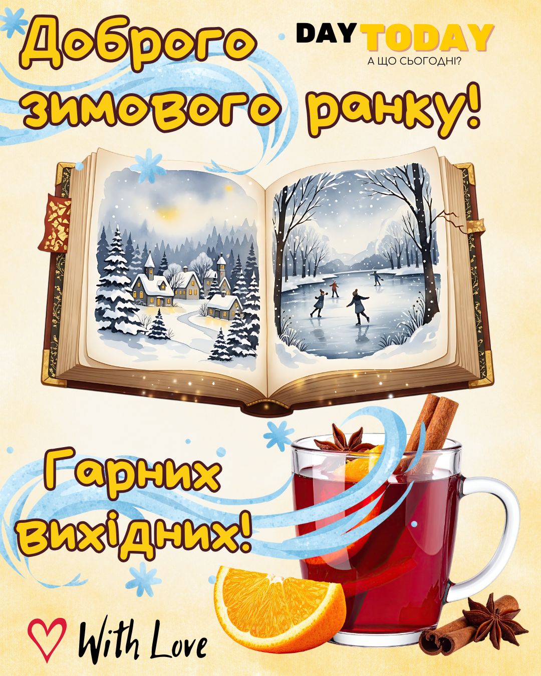 Доброго зимового ранку! Гарних вихідних! картинка з чашкою та зимовю книгою, зимова листівка | Вітальна листівка - Доброго ранку - Добрий день - Теплі листівки - Зимові листівки