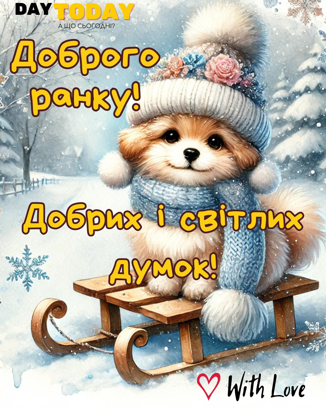 Доброго ранку! Добрих і світлих думок! картинка з песиком у шапці на санчатах, зимова листівка | Вітальна листівка - Доброго ранку - Добрий день - Теплі листівки - Зимові листівки