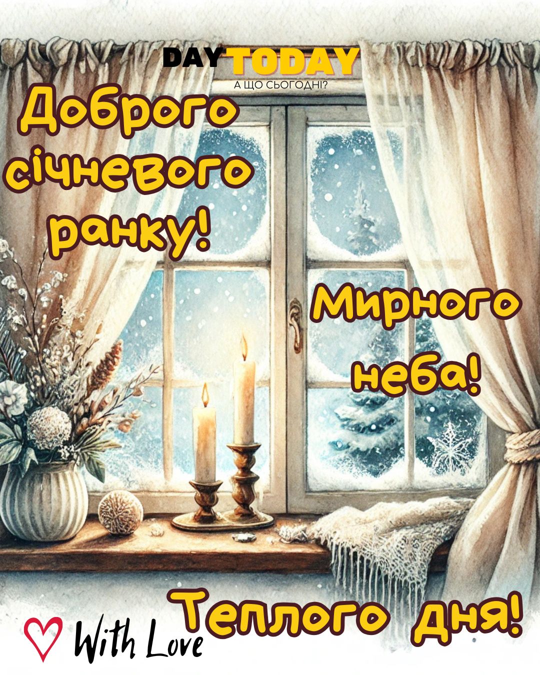 Доброго січневого ранку!Теплого дня! картинка з свічками на підвіконні | Вітальна листівка - Доброго ранку - Добрий день - Теплі листівки - Зимові листівки