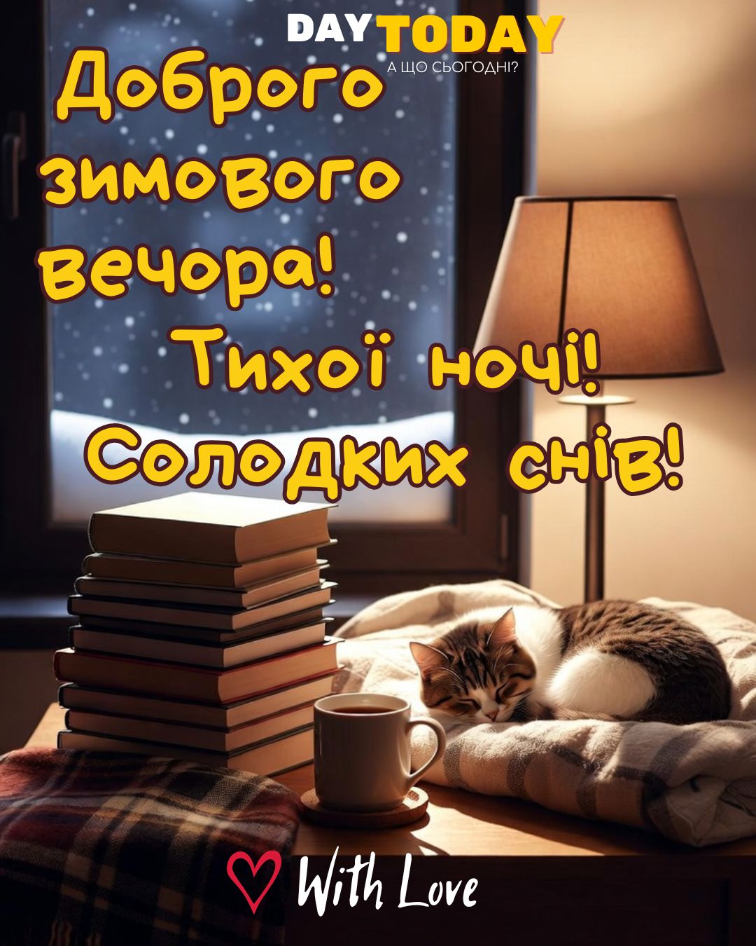 Доброї ночі! Доброго зимового вечора! Тихої ночі! Солодких снів! картинка з котиком та чашкою чаю, зимова листівка | Вітальна листівка - Доброї ночі - Теплі листівки