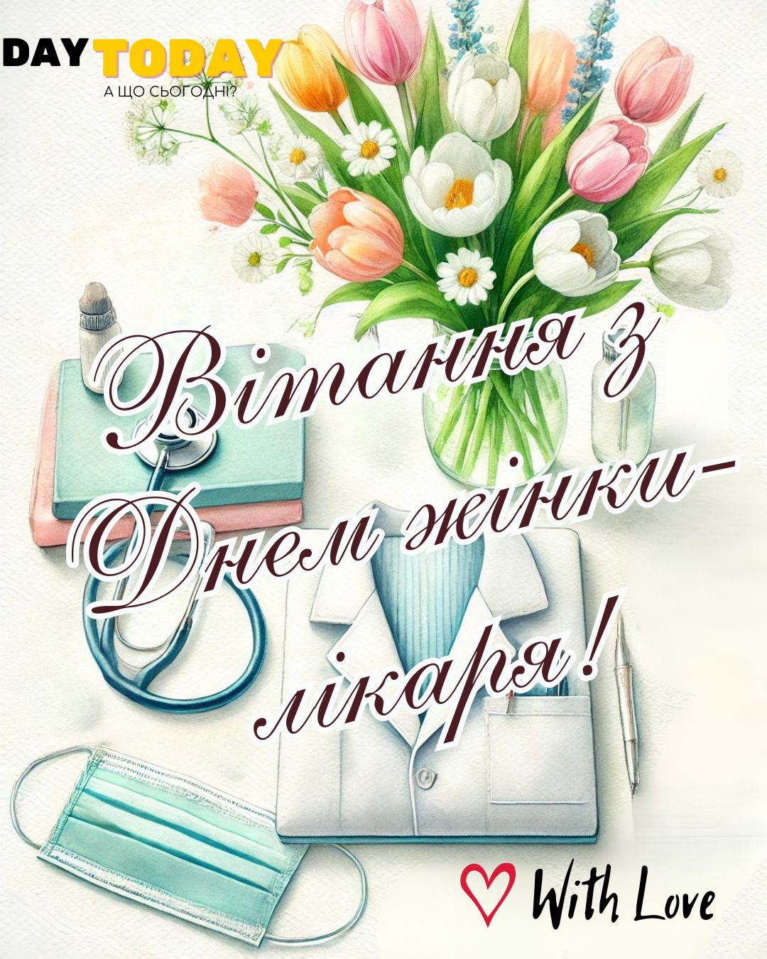 Вітання з Днем жінки-лікаря! листівка для жінок-лікарів з букетом квітів | Вітальна листівка - Листівки на День жінки-лікаря