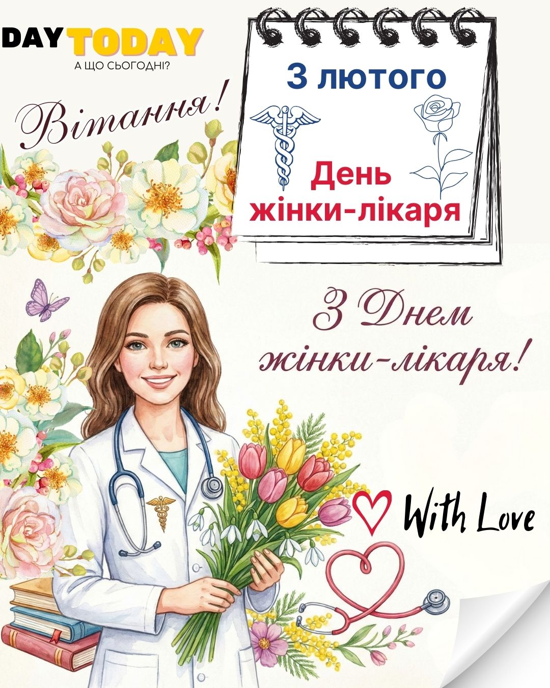 Вітання з Днем жінки-лікаря! листівка для жінок-лікарів з букетом та лікаркою | Вітальна листівка - Листівки на День жінки-лікаря