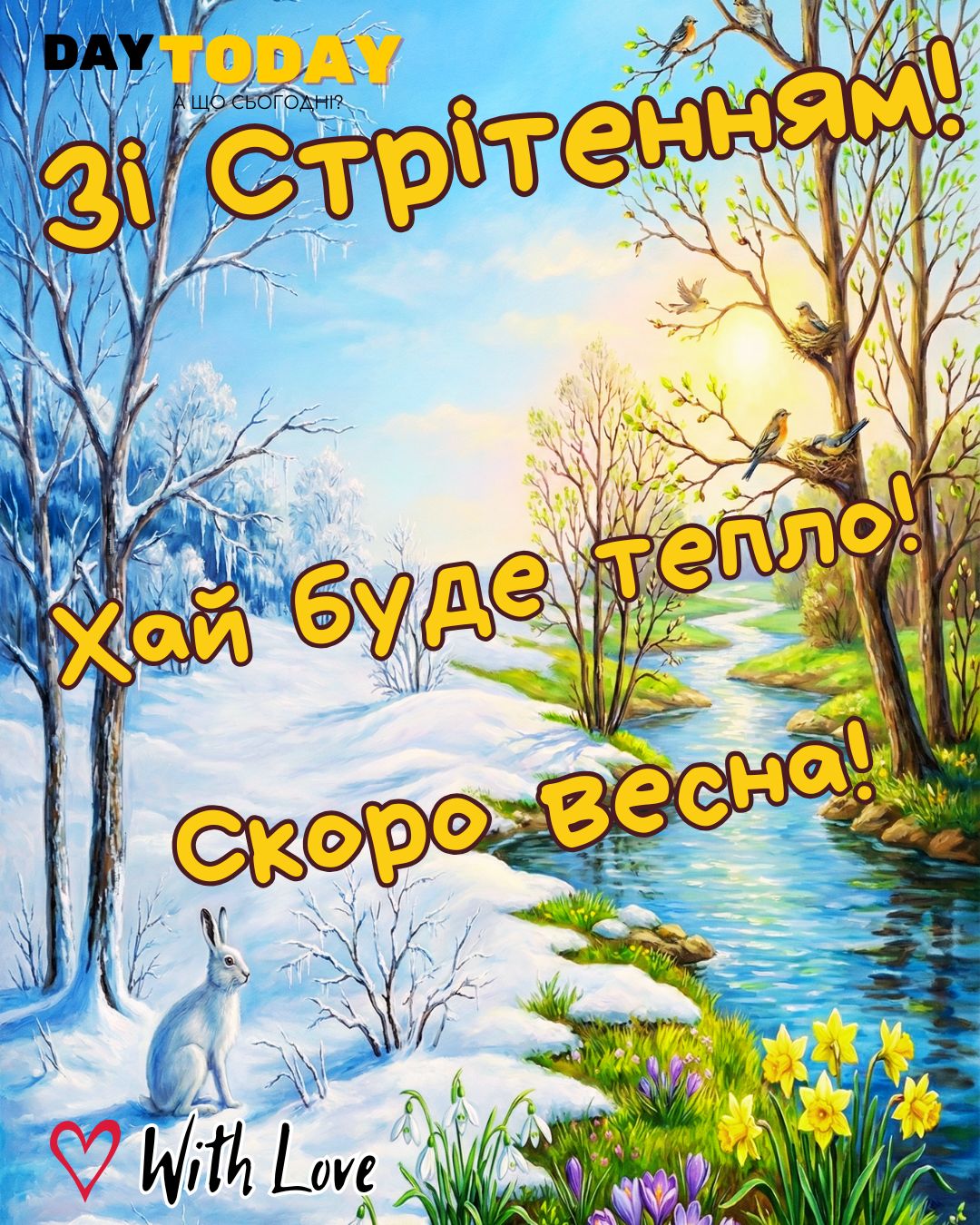 Зі Стрітенням! Скоро весна! Хай буде тепло! листівка на Стрітення Господнє, картинка зима-весна | Вітальна листівка - Листівки на Стрітення Господнє