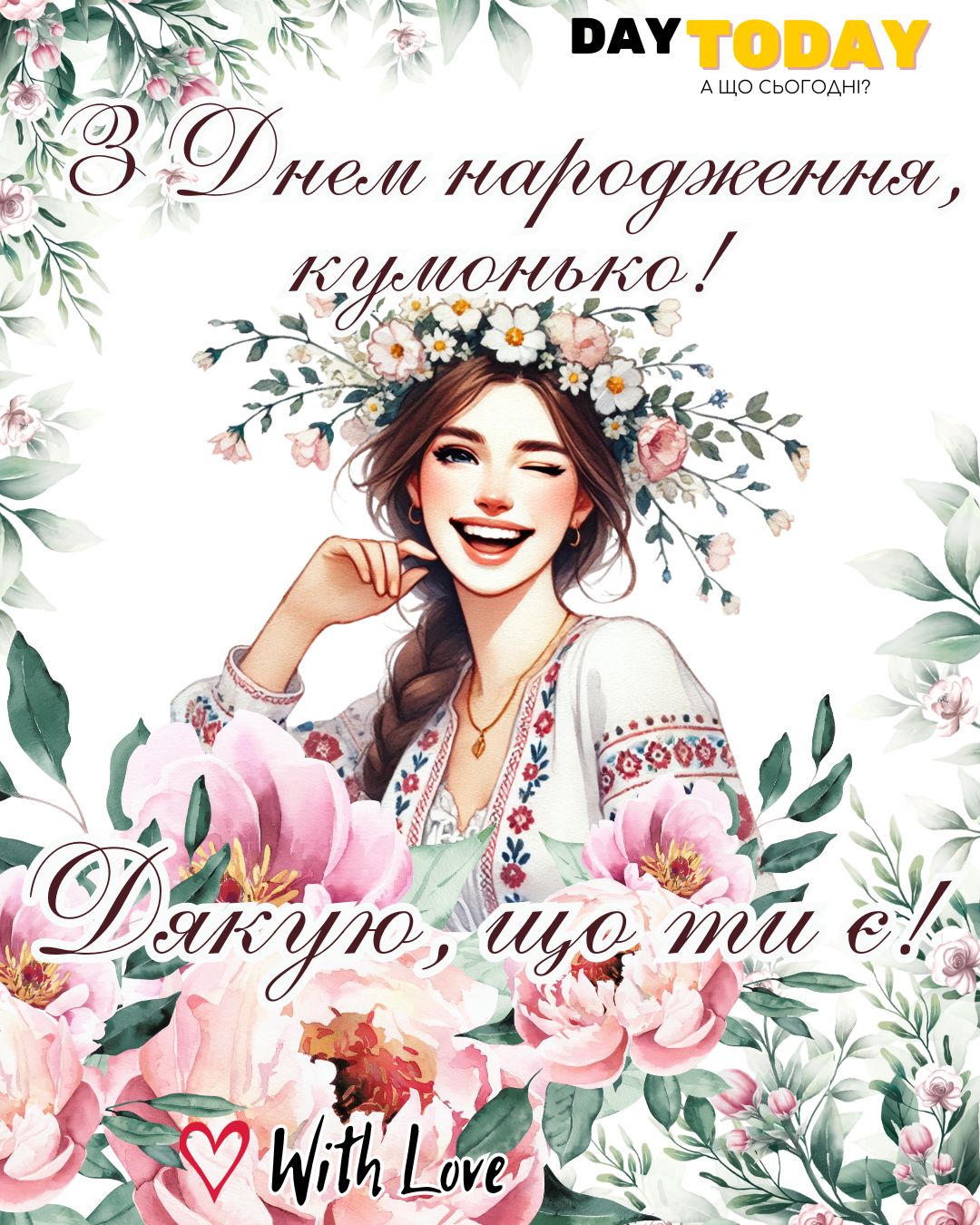 З Днем народження, кумонько! Дякую, що ти є! листівка з квітами для куми | Вітальна листівка - Листівки з днем народження - Кумі ДН