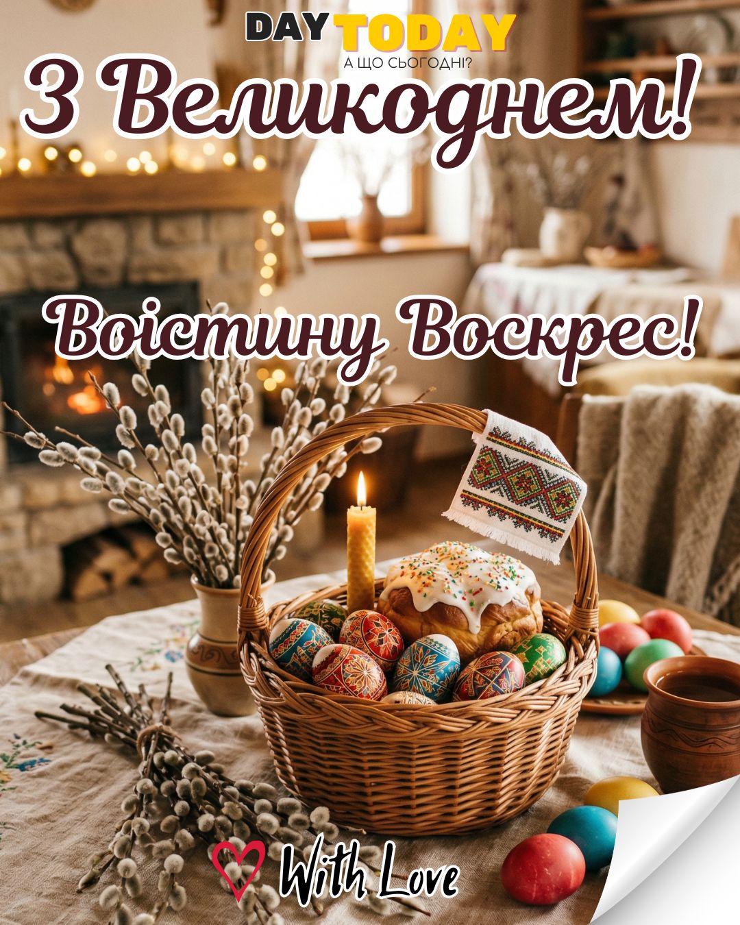 З Великоднем! Воістину Воскрес! листівка з крашанками, кошиком, паскою та свічкою | Вітальна листівка - Листівка на Великдень
