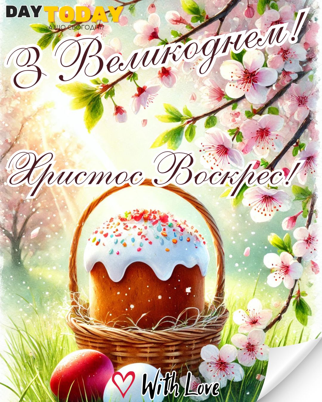 З Великоднем! Христос Воскрес! листівка з крашанками, паскою та квітами весняними | Вітальна листівка - Листівка на Великдень