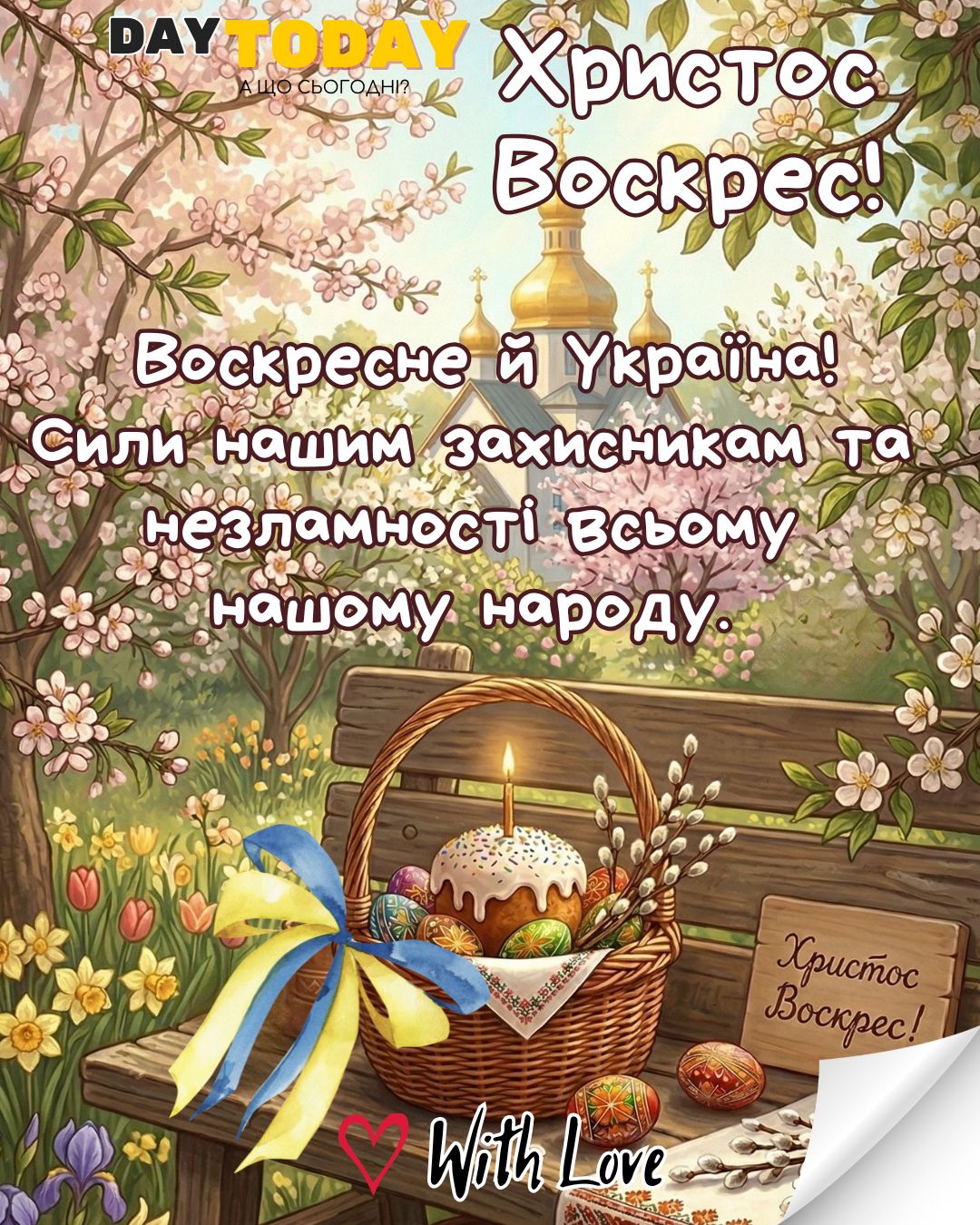 З Великоднем! Христос Воскрес! Воскресне й Україна! листівка з крашанками, паскою та свічкою | Вітальна листівка - Листівка на Великдень
