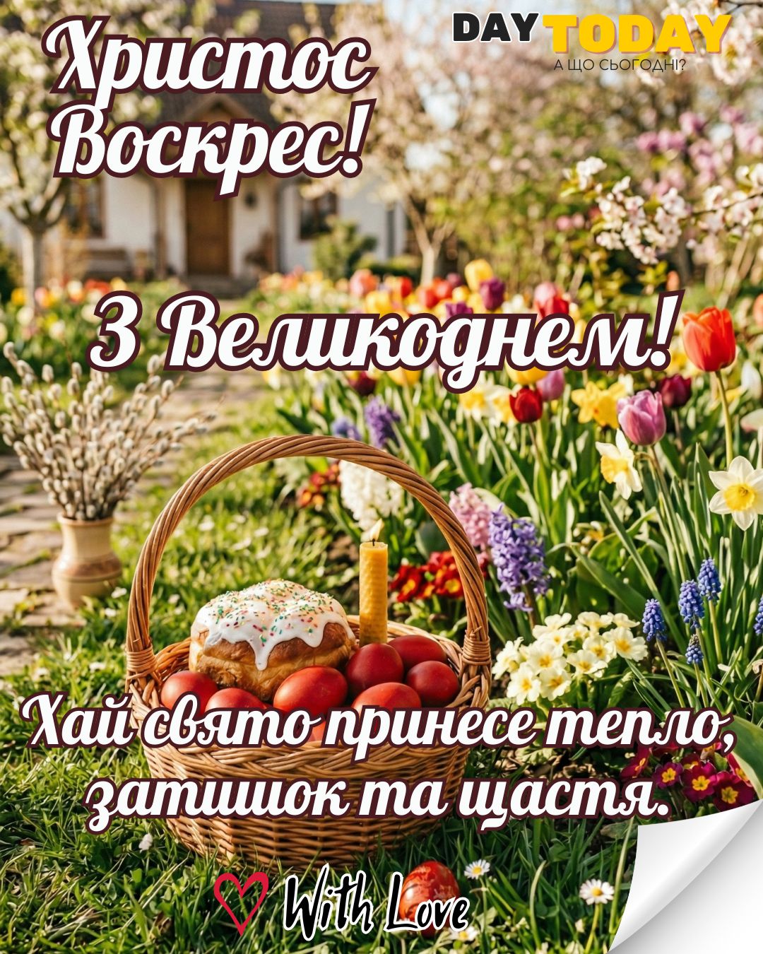 З Великоднем! Христос Воскрес! Хай свято принесе тепло, затишок та щастя.листівка з крашанками, паскою та свічкою | Вітальна листівка - Листівка на Великдень