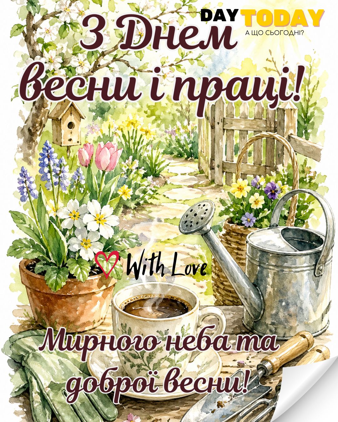 З днем Весни і праці! Доброї весни! картинка з садовими інструментами та квітами, кавою | Вітальна листівка - Листівка на День весни і праці