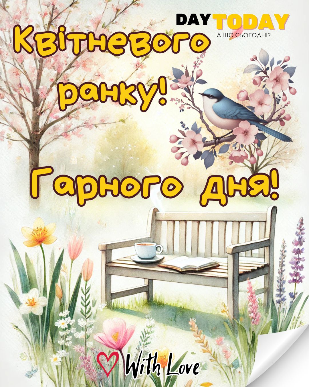 Доброго квітневого ранку! Гарного дня! картинка з квітами та чашками кави у саду | Вітальна листівка - Доброго ранку - Добрий день - Теплі листівки - Листівка на перший день квітня