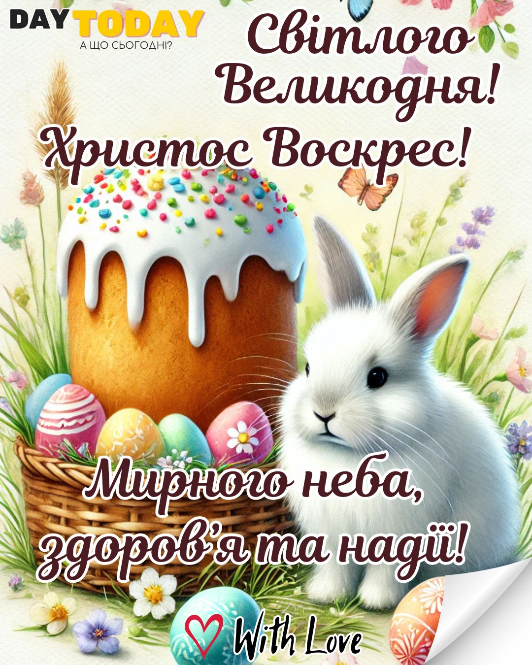 Світлого Великодня! З Великоднем! Христос Воскрес! листівка з крашанками, паскою та кроликом | Вітальна листівка - Листівка на Великдень