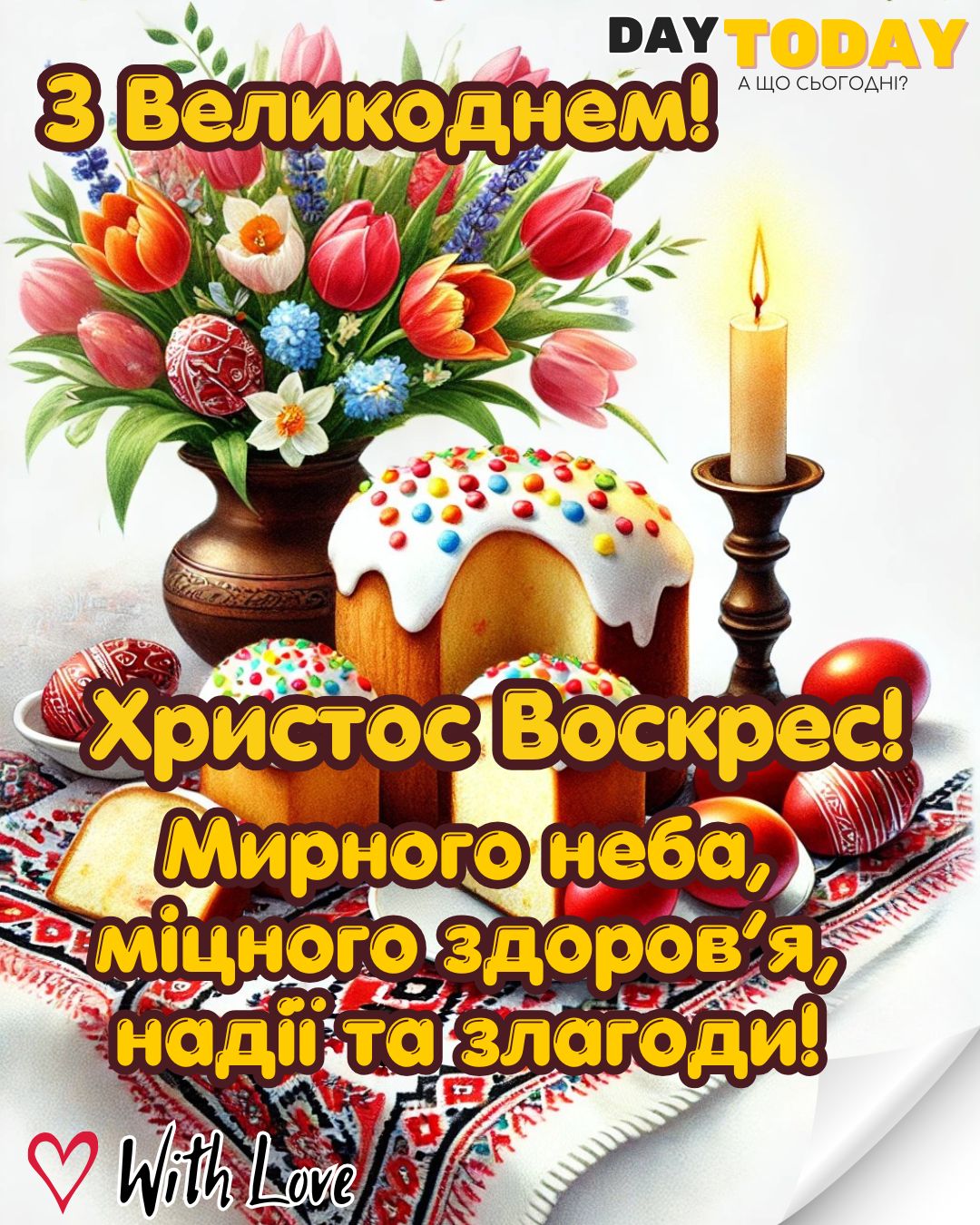 З Великоднем! Христос Воскрес! Здоровʼя, надії та злагоди, листівка з крашанками, паскою та свічкою | Вітальна листівка - Листівка на Великдень