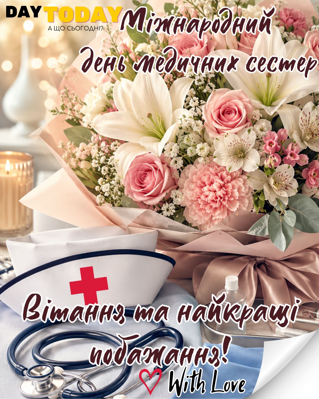 Вітання та найкращі побажання! листівка з квітами на Міжнародний день медичних сестер| Вітальна листівка - Листівка на Міжнародний день медичних сестер