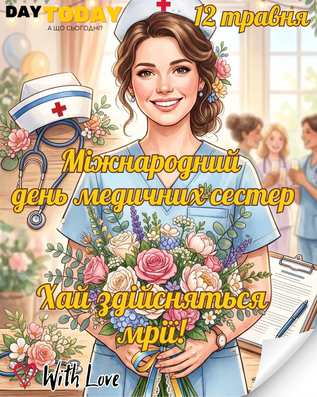 Хай здійсняться мрії! листівка для медсестер з квітами на Міжнародний день медичних сестер| Вітальна листівка - Листівка на Міжнародний день медичних сестер