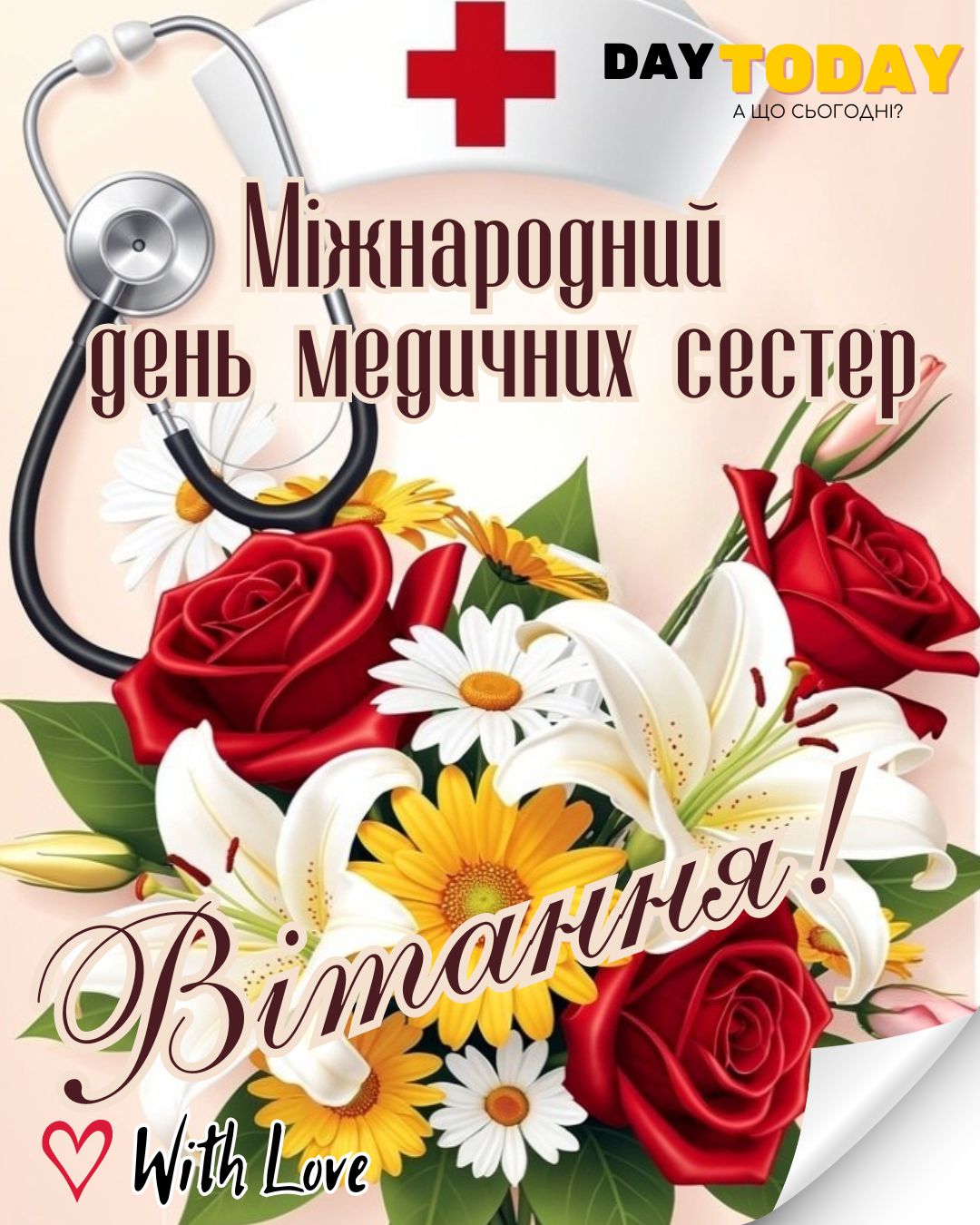 Вітання! листівка з квітами на Міжнародний день медичних сестер | Вітальна листівка - Листівка на Міжнародний день медичних сестер