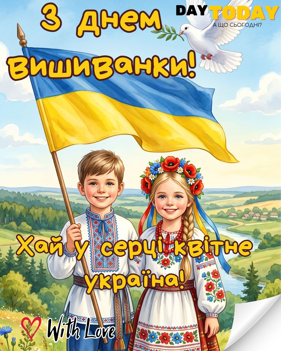 З Днем вишиванки! Хай у серці квітне Україна! картинка на день вишиванки з дітками у вишиванках з прапором України | Вітальна листівка - Листівка на День вишиванки
