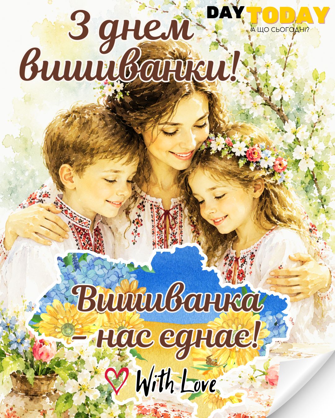 З Днем вишиванки! Вишиванка нас єднає! картинка на день вишиванки з дітками та мамою у вишиванках | Вітальна листівка - Листівка на День вишиванки