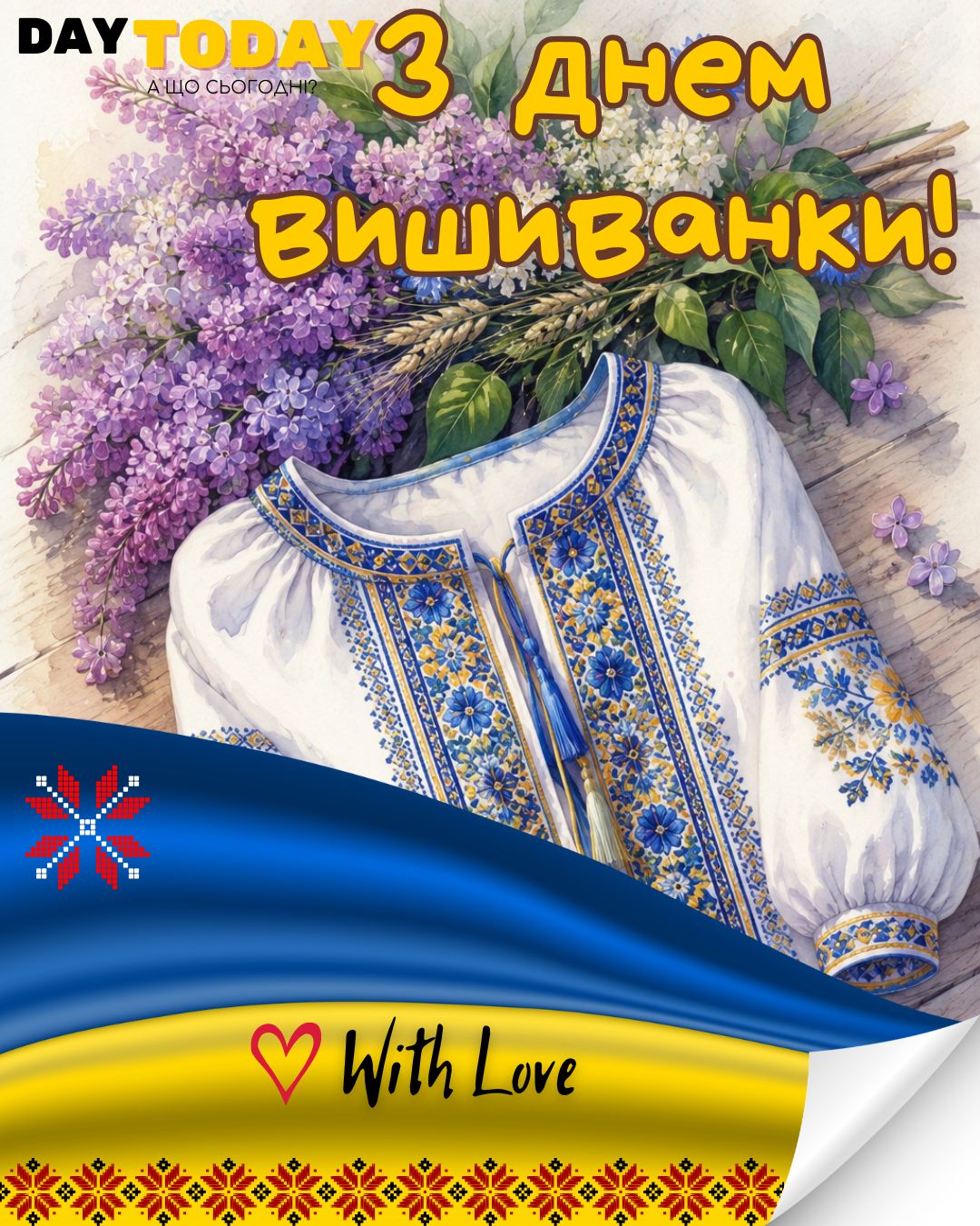 З Днем вишиванки! картинка на день вишиванки з вишиванкою та бузком | Вітальна листівка - Листівка на День вишиванки