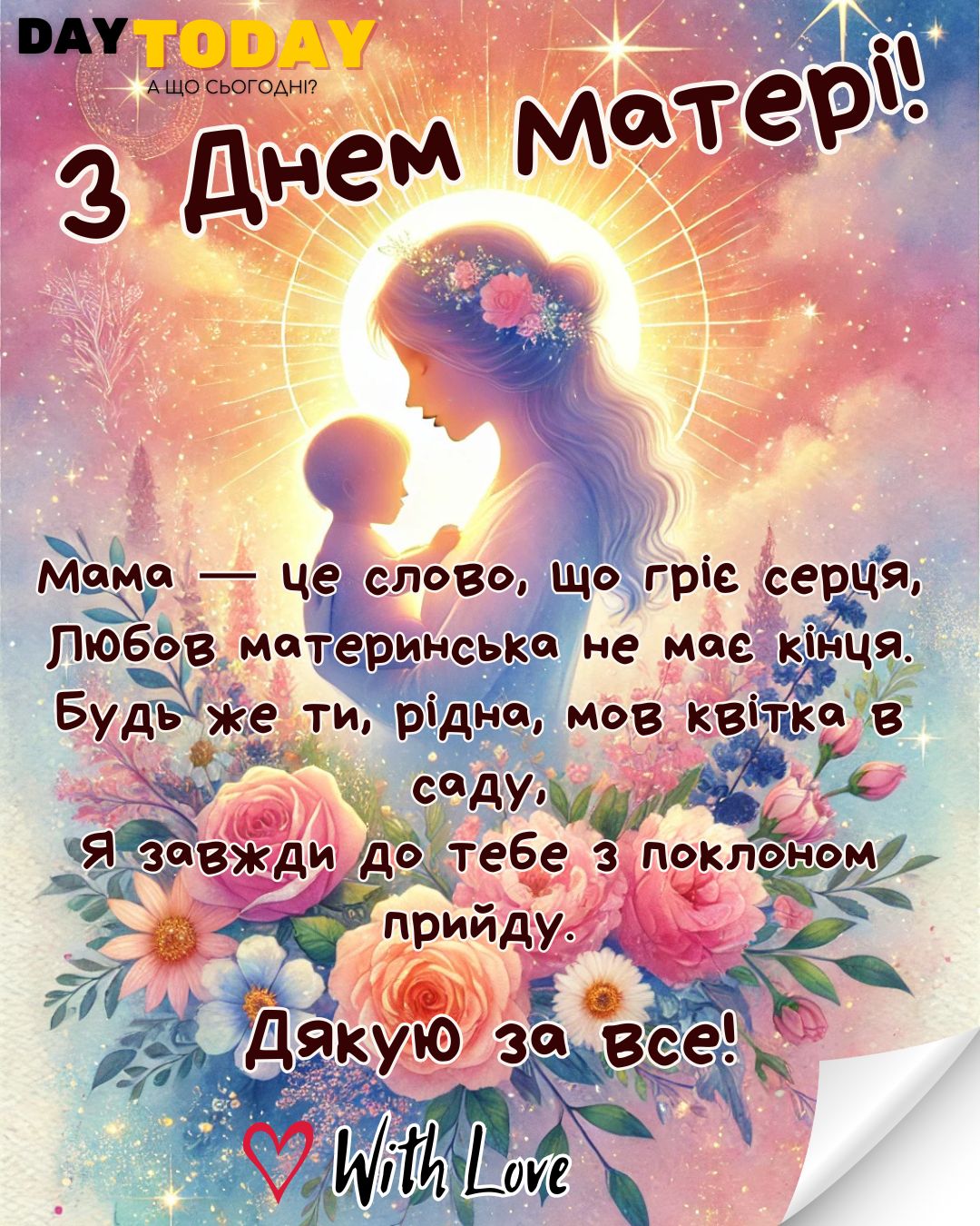 З днем матері! Дякую за все! листівка з квітами та віршованим привітанням для мами, картинка з мамою та дитинкою | Вітальна листівка - Листівка на День матері - Листівка мамі