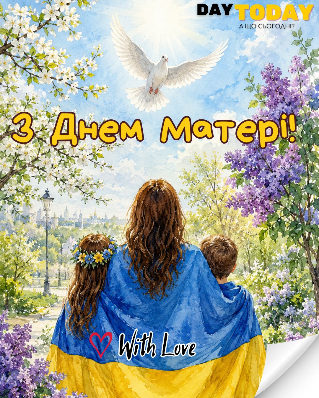 З днем матері! листівка з квітами для мами, картинка з мамою та дитками | Вітальна листівка - Листівка на День матері - Листівка мамі