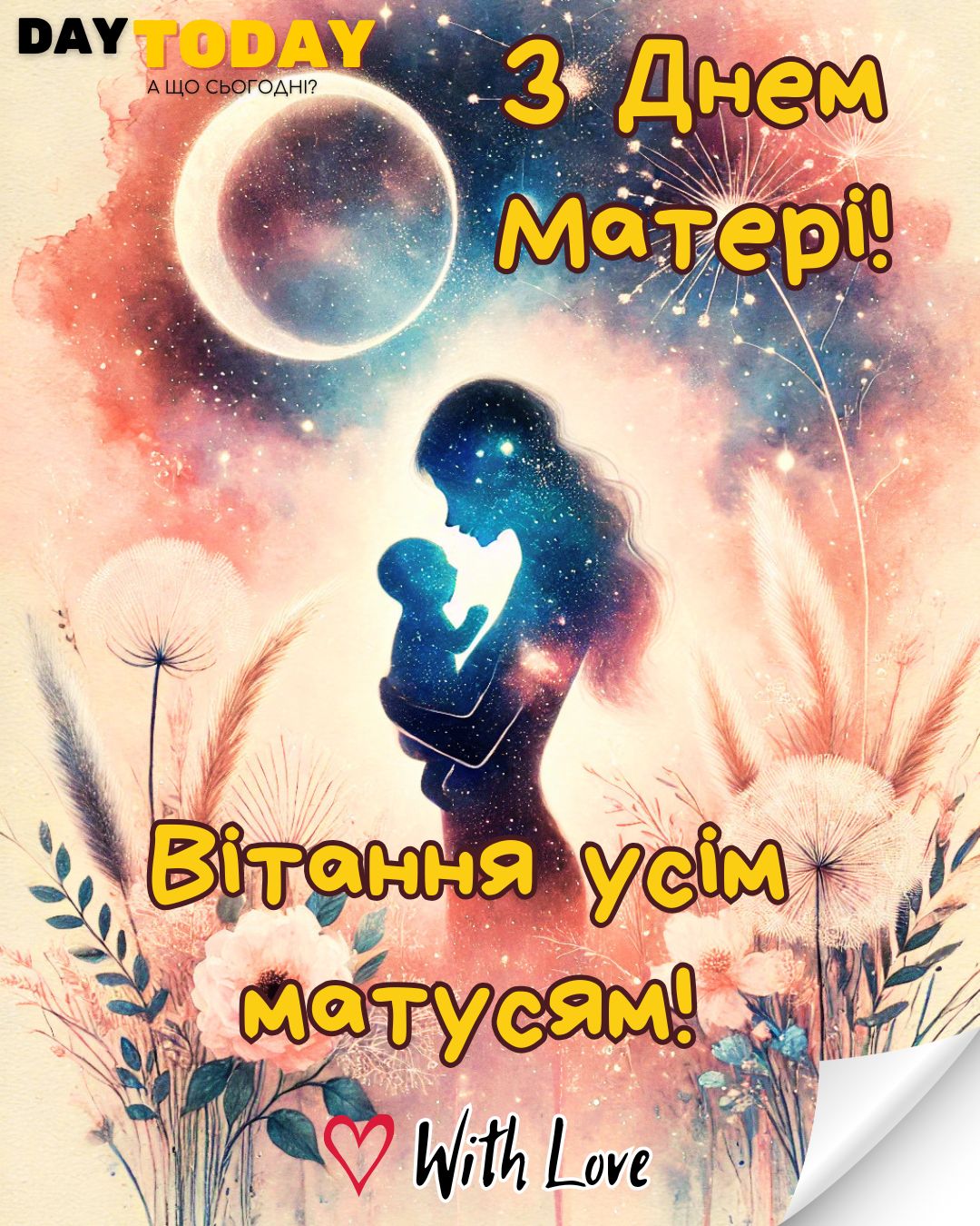З днем матері! Вітання усім матусям! тепла листівка з квітами для мами, картинка з мамою та дитинкою | Вітальна листівка - Листівка на День матері - Листівка мамі