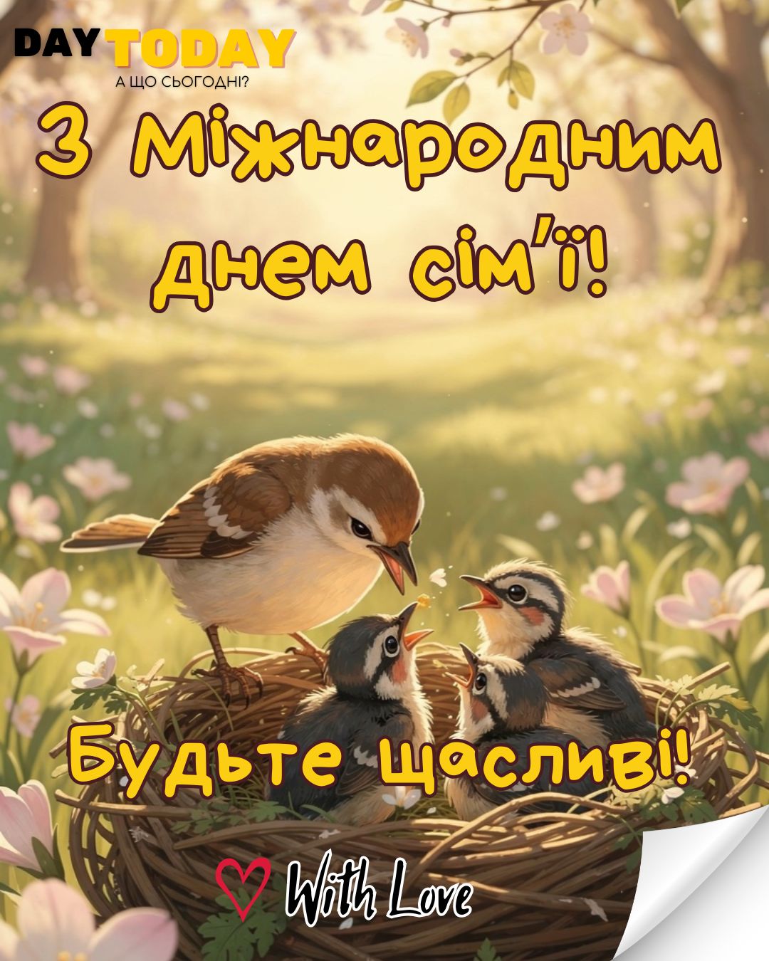 З Міжнародним днем сім'ї! Будьте щасливі! листівка з пташенятами у гнізді на День сімʼї | Вітальна листівка - Листівка на Міжнародний день сім’ї