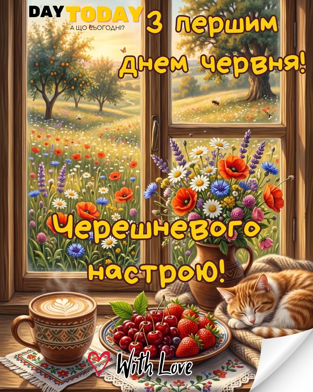 З першим днем червня! Черешневого настрою! листівка на перший день літа з черешнями| Вітальна листівка - Літня листівка - Листівка на перший день літа