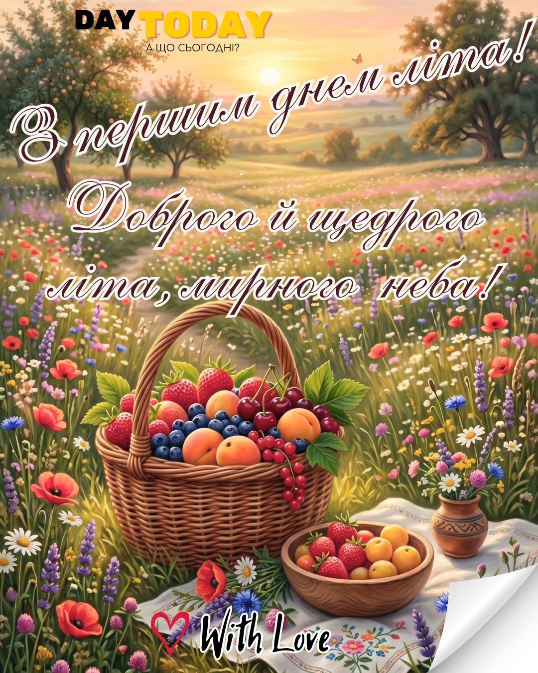 З першим днем літа! Доброго й щедрого літа! картинка з квітами та кошиком | Вітальна листівка - Літня листівка - Листівка на перший день літа