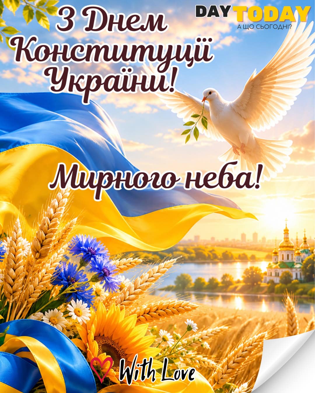 З днем Конституції України! картинка з голубом миру на День конституції | Вітальна листівка - Листівка на День Конституції України