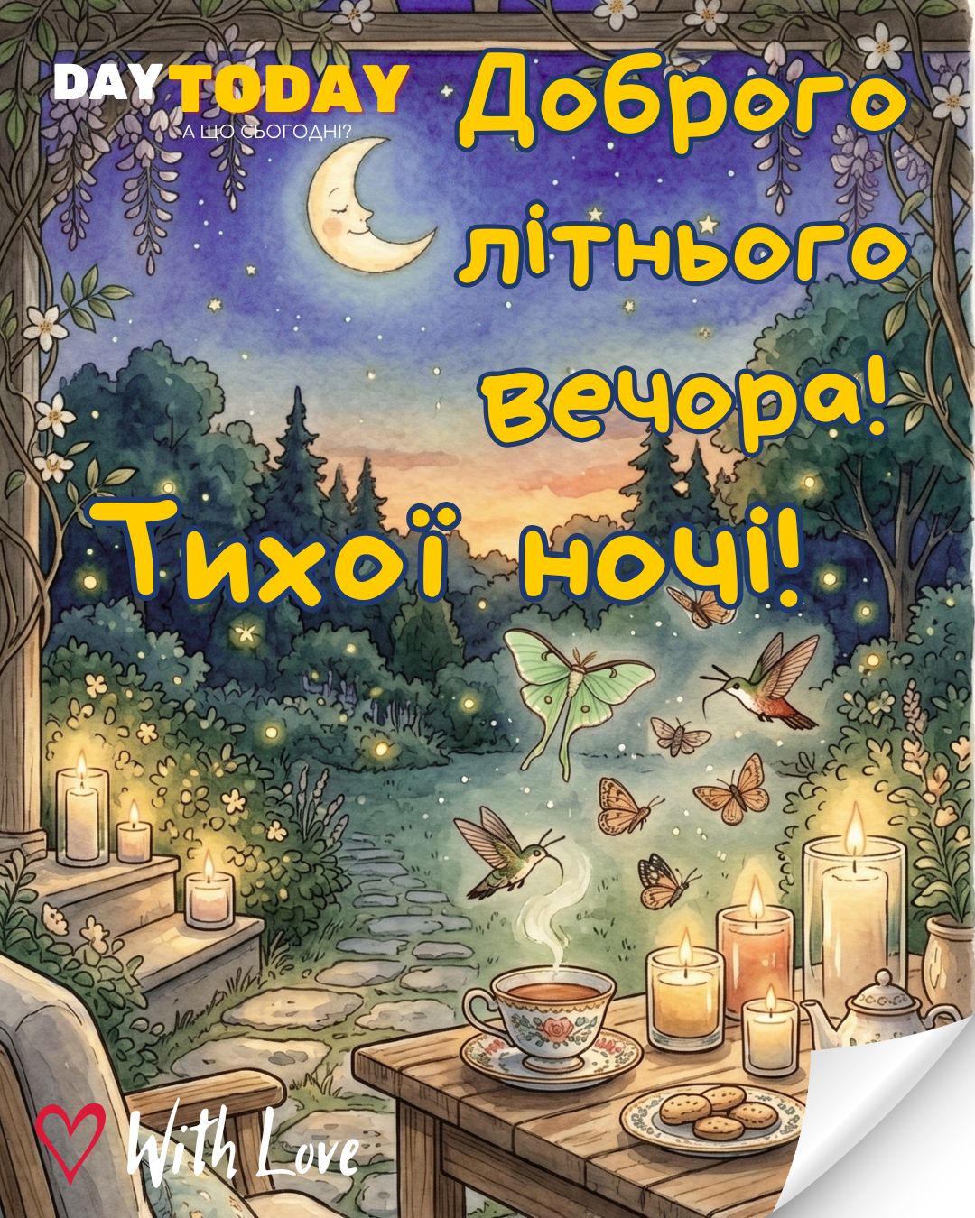 Доброго літнього вечора! Доброї ночі! Тихої ночі! картинка з гномиком | Вітальна листівка - Доброї ночі - Теплі листівки