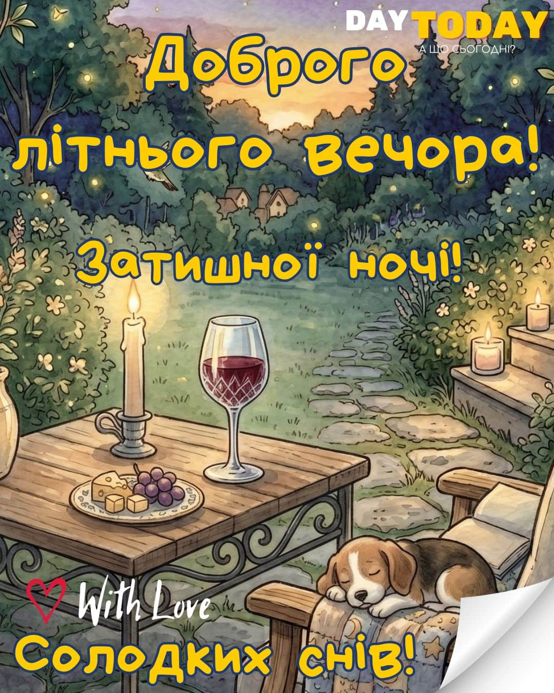 Доброго літнього вечора! Затишної ночі! картинка з песиком, келихом та свічкою у саду | Вітальна листівка - Доброї ночі - Теплі листівки