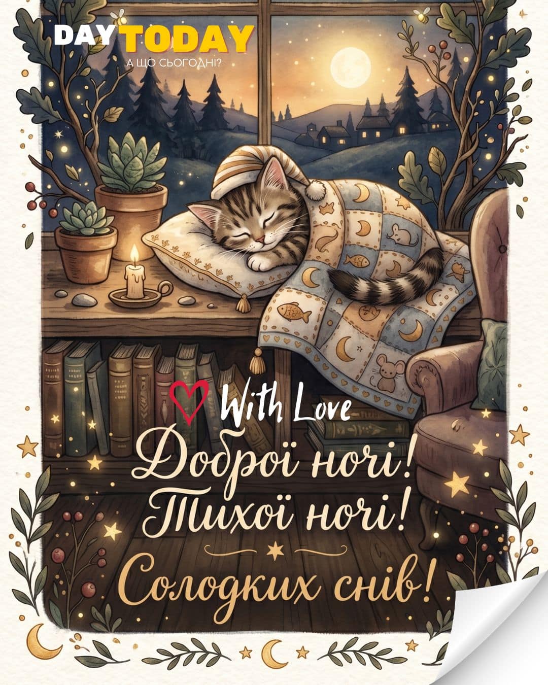 Доброго вечора! Тихої ночі! Солодких снів! картинка з котиком, свічкою, місяцем та зірочками | Вітальна листівка - Доброї ночі - Теплі листівки