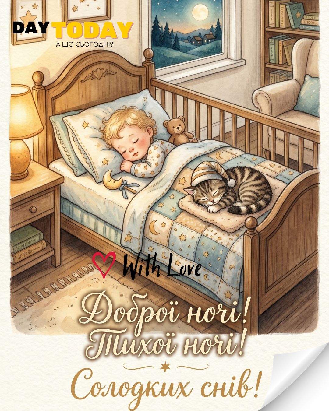 Доброго вечора! Тихої ночі! Солодких снів, картинка з котиком, дитинкою, що сплять | Вітальна листівка - Доброї ночі - Теплі листівки