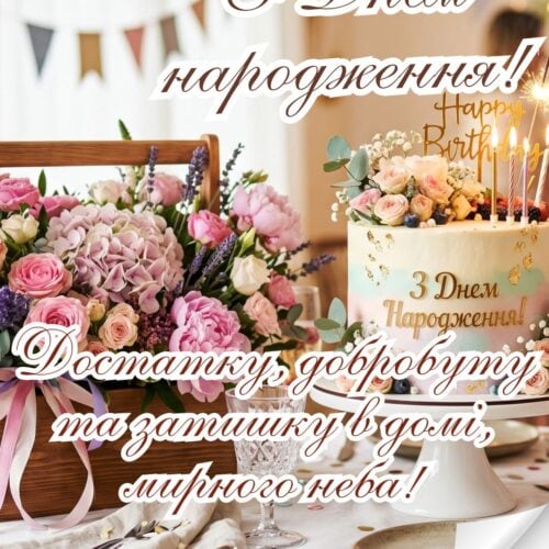 З Днем народження! Мирного неба! Найкращі побажання! картинка з тортиком, квітами та теплими побажаннями |Вітальна листівка - Листівки з днем народження - З квітами ДН
