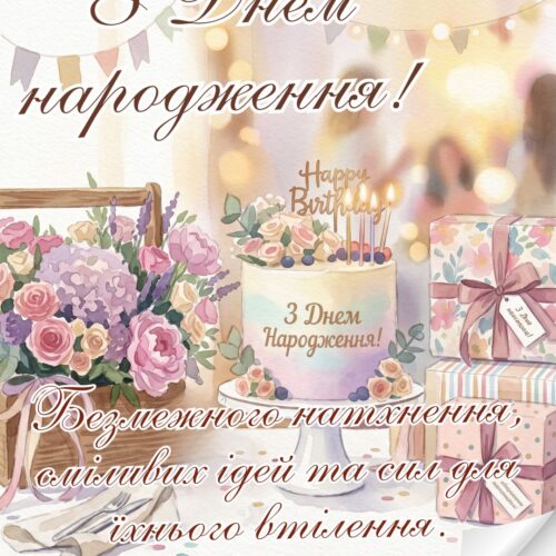 З Днем народження! Найкращі побажання! картинка з тортиком, квітами та побажаннями |Вітальна листівка - Листівки з днем народження - З квітами ДН