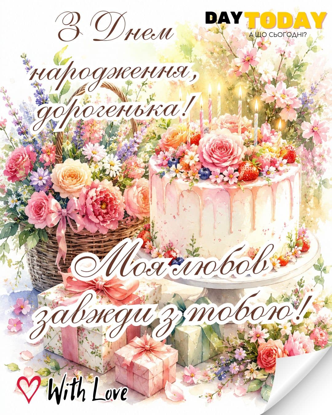 З Днем народження, дорогенька! Моя любов завжди з тобою! картинка з тортиком та квітами для жінки, доньки, дівчини, подруги, сестри, тепла листівка | Вітальна листівка - Листівки з днем народження - Жінкам ДН - Подрузі ДН