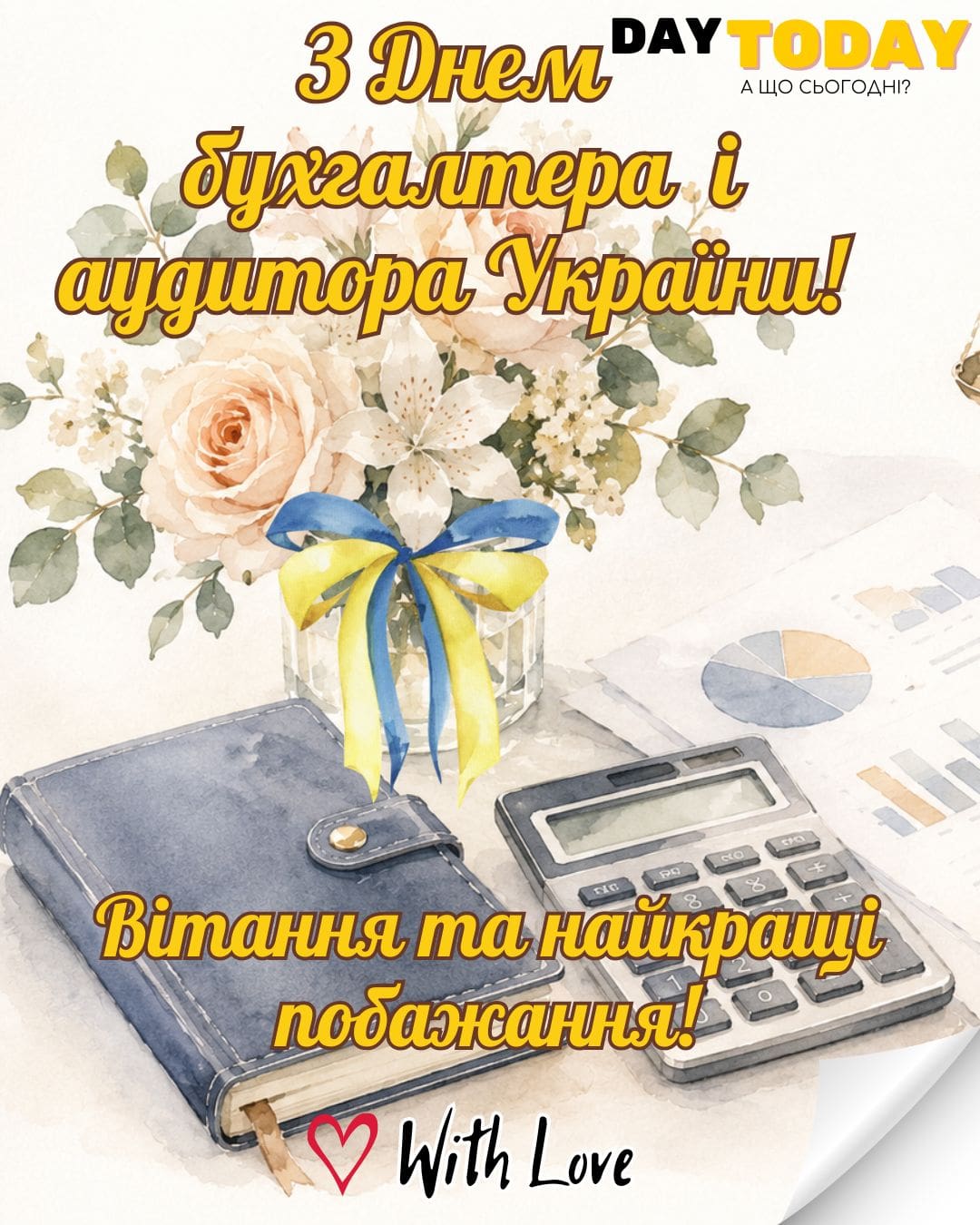 З Днем бухгалтера і аудитора України! Вітання та найкращі побажання! листівка з квітами для бухгалтера | Вітальна листівка - Листівка на День бухгалтера і аудитора України
