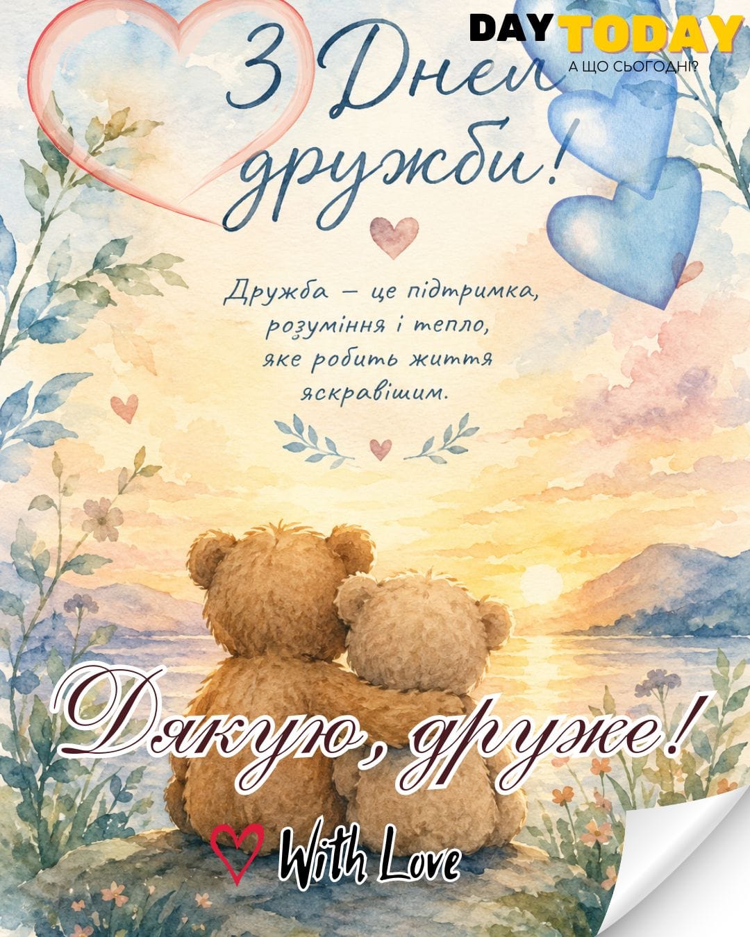 З Днем дружби! Дякую, друже! листівка другу або друзям | Вітальна листівка - Листівка на Міжнародний день дружби