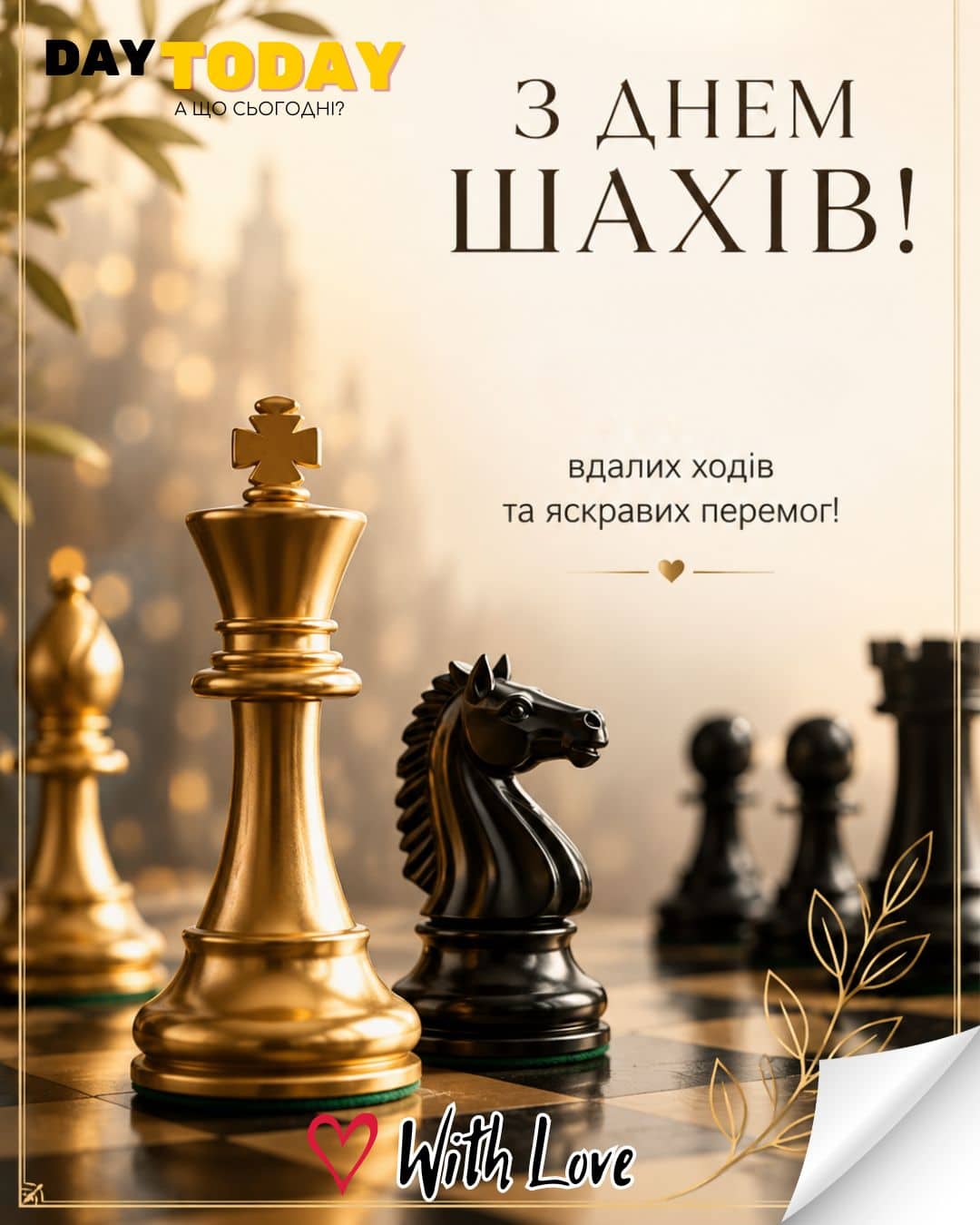 З Днем шахів! Вдалих ходів та яскравих перемог!| Вітальна листівка - Листівка на День шахів