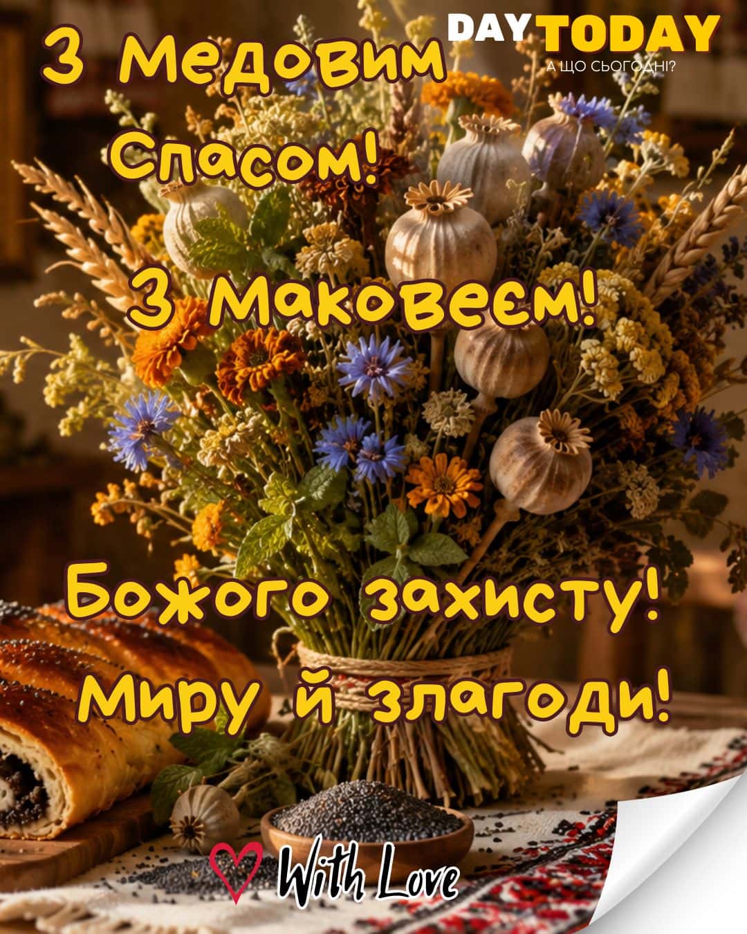 З Маковеєм! Зі святом Маковія! З Медовим спасом! Миру й злагоди! Божого захисту! листівка на Перший Спас | Вітальна листівка - З медовим спасом - Листівка на Маковея