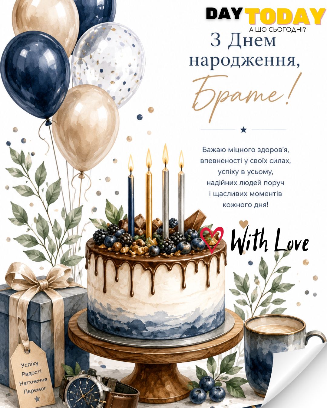 З Днем народження, брате! листівка з побажаннями брату з тортиком та свічками| Вітальна листівка - Листівки з днем народження - Брату ДН
