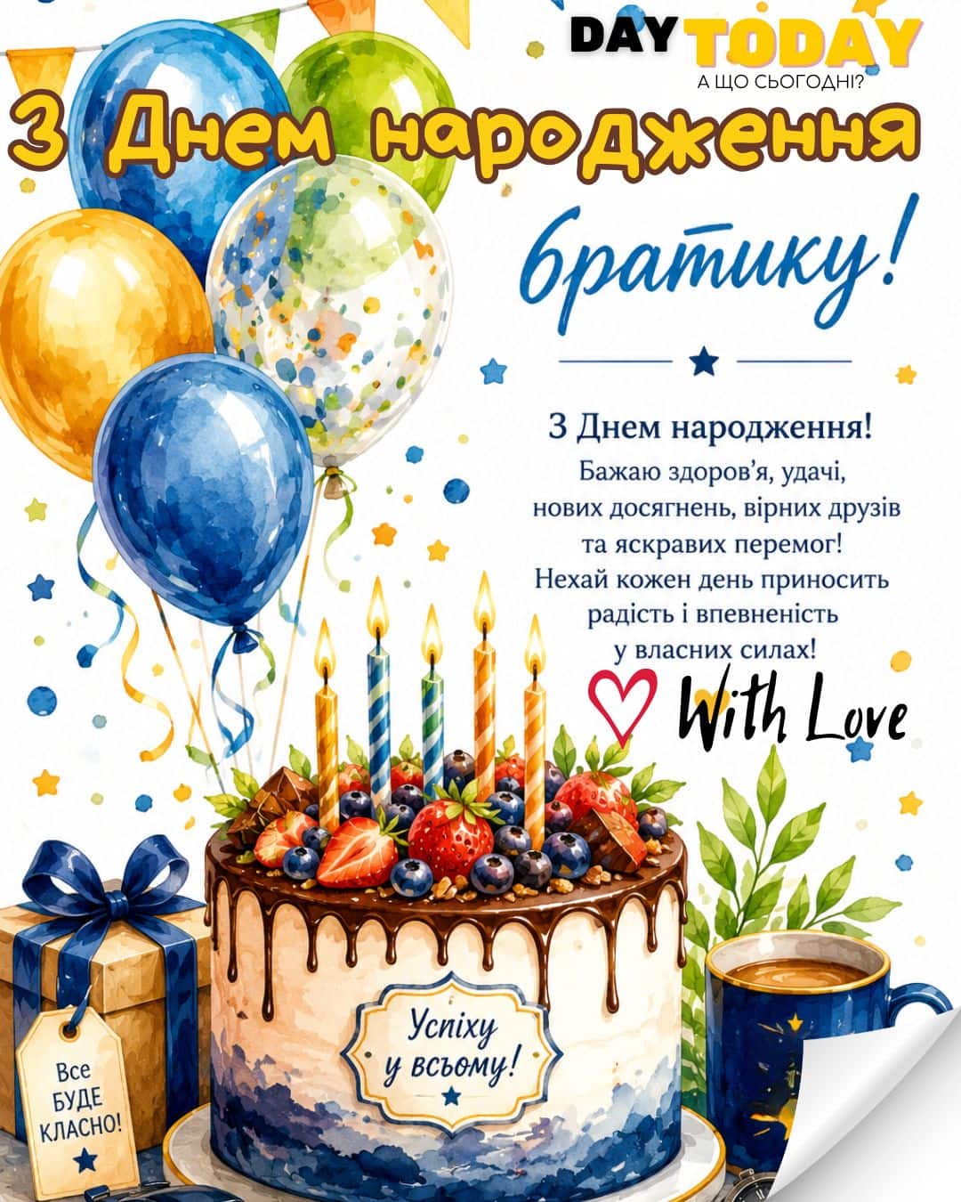 З Днем народження, братику! листівка з побажаннями брату з тортиком та свічками| Вітальна листівка - Листівки з днем народження - Брату ДН