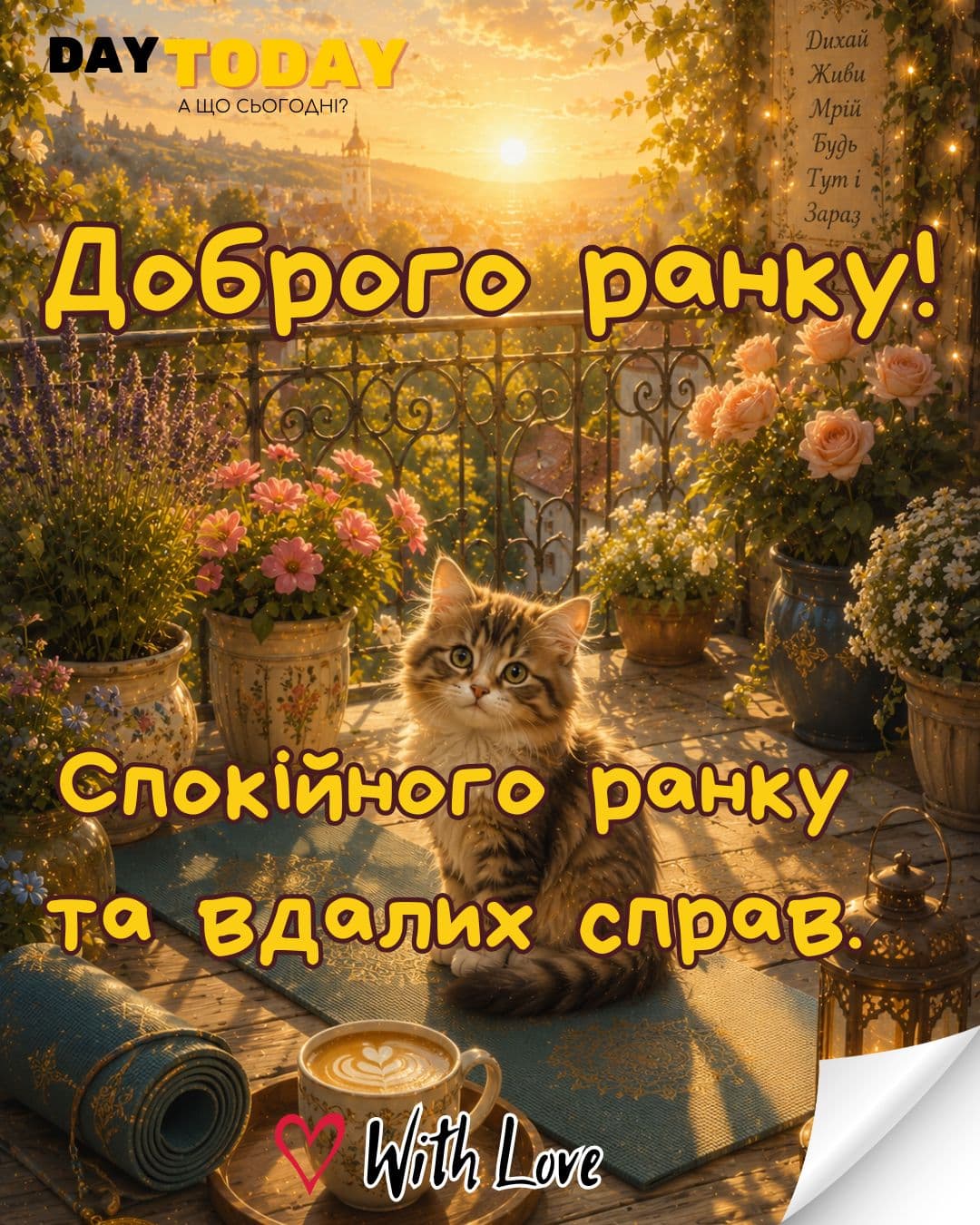 Доброго ранку! Спокійного ранку та вдалих справ. - картинка з чашкою кави, котиком та квітами, тепла українська листівка. Більше теплих листівок на нашому сайті daytoday.ua Переходьте за посиланням!