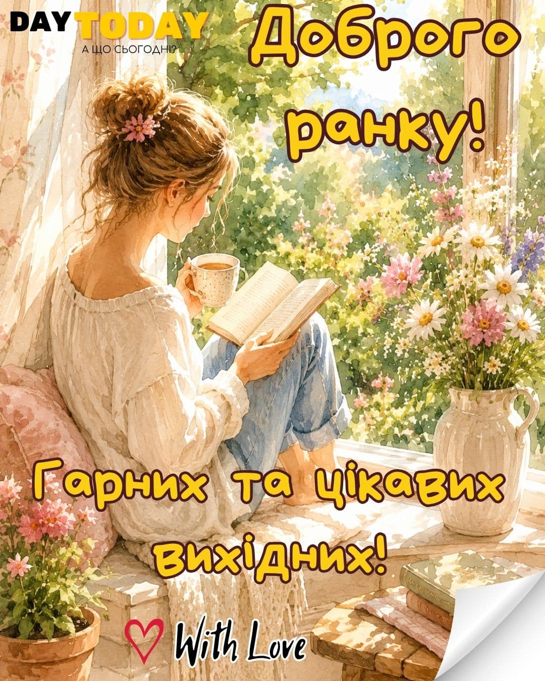 Доброго ранку! Гарних та цікавих вихідних! картинка з дівчиною та чашкою кави або чаю тепла листівка | Вітальна листівка - Доброго ранку - Добрий день - Теплі листівки