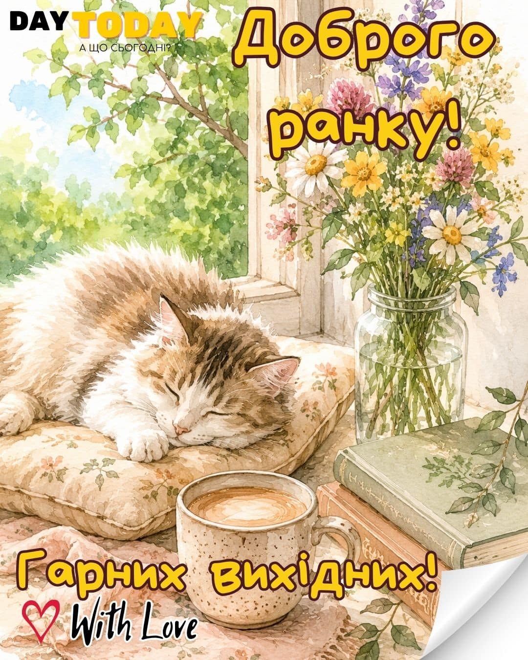 Доброго ранку! Гарних вихідних! - картинка з чашкою кави, котиком та квітами, тепла українська листівка. Більше теплих листівок на нашому сайті daytoday.ua Переходьте за посиланням!