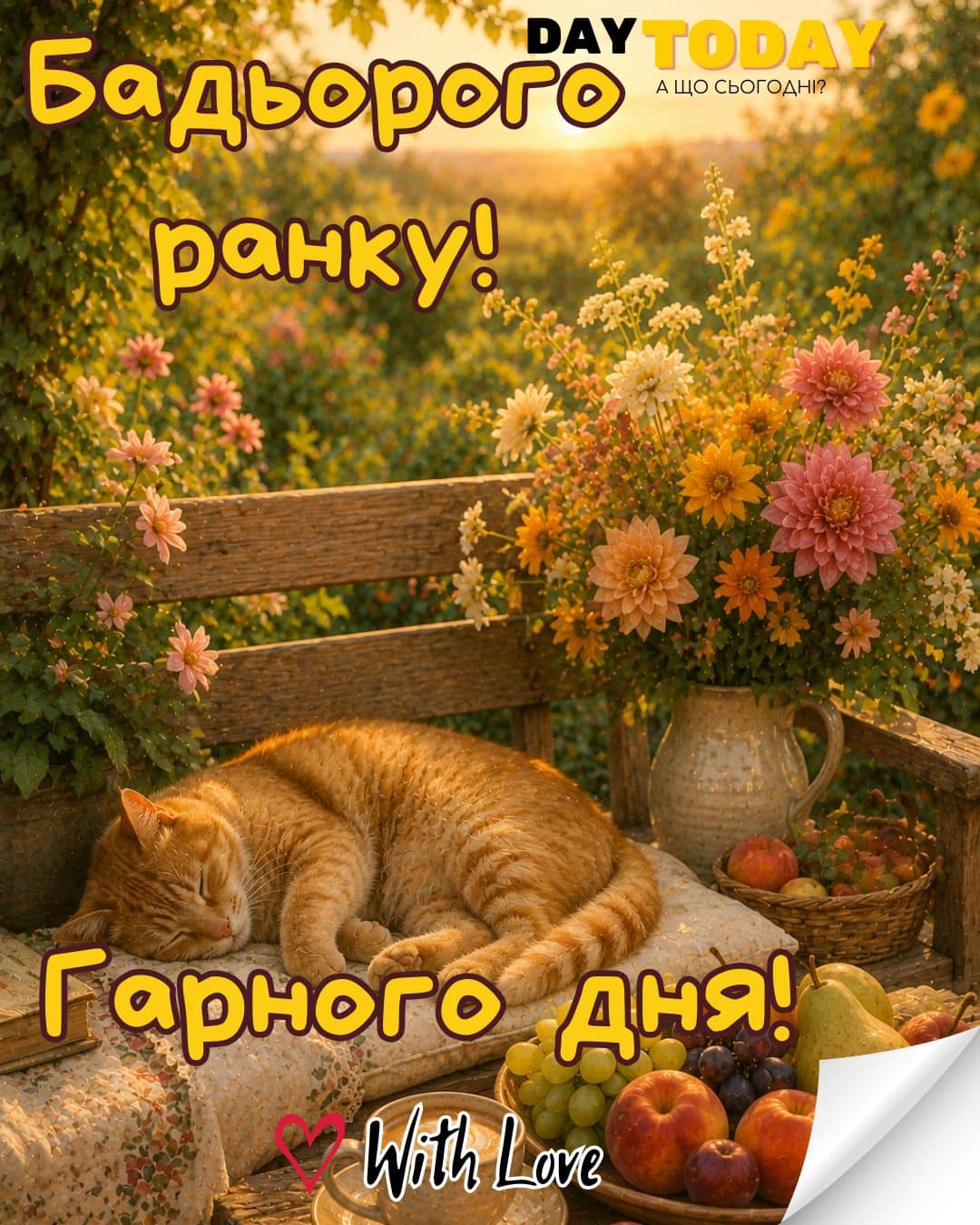 Бадьорого ранку! Вдалого дня картинка зі світанком та чашкою кави та котикомтепла листівка | Вітальна листівка - Доброго ранку - Добрий день - Теплі листівки