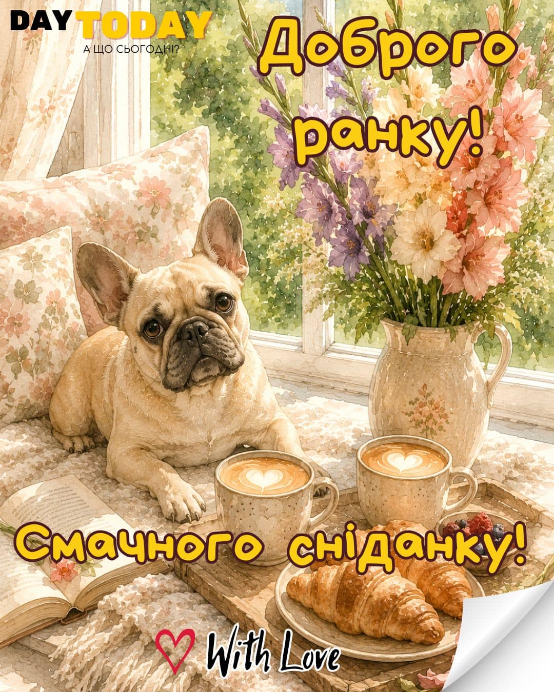 Доброго ранку! Смачного сніданку! картинка з собачкою французьким бульдогом та чашкою кави, круасанами, гладіолусами, листівка | Вітальна листівка - Доброго ранку - Добрий день - Теплі листівки