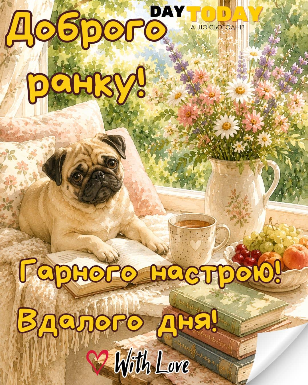 Доброго ранку! Вдалого дня! гарного настрою! картинка з мопсиком та чашкою кави або чаю тепла листівка | Вітальна листівка - Доброго ранку - Добрий день - Теплі листівки